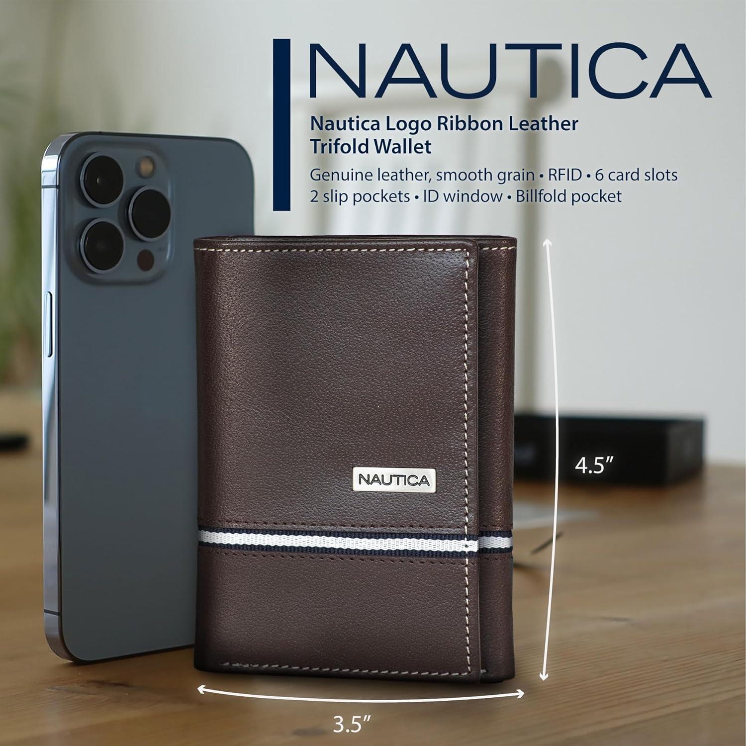 imageNautica Mens Trifold Wallet RFID Blocking Protection ID Window Card Slots Genuine Leather DurableLogo Ribbon Black