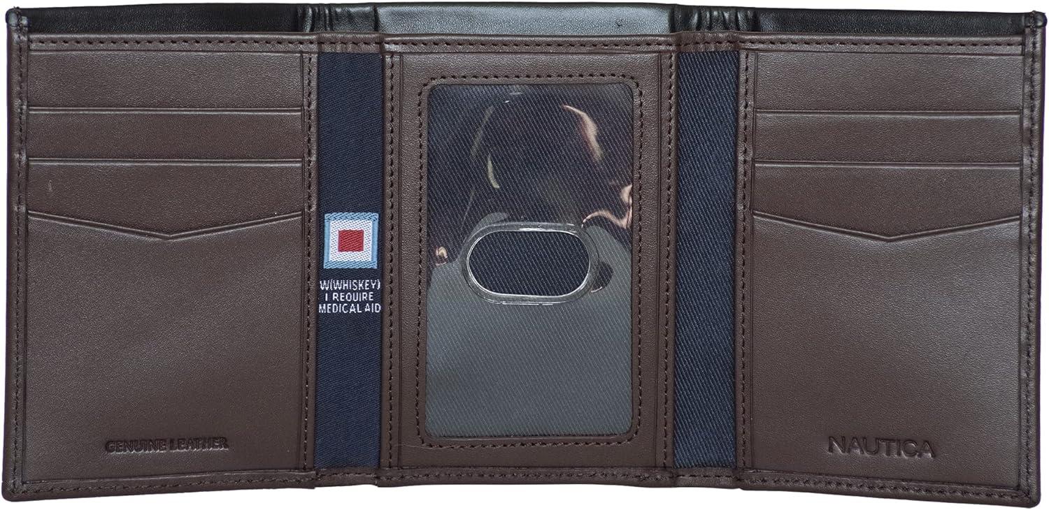 imageNautica Mens Trifold Wallet RFID Blocking Protection ID Window Card Slots Genuine Leather DurablePop Color BlackBrown