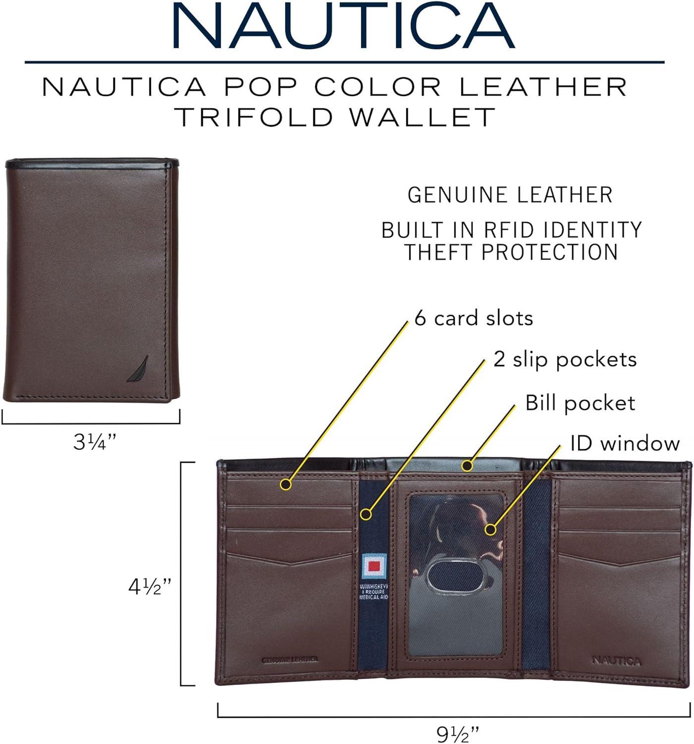 imageNautica Mens Trifold Wallet RFID Blocking Protection ID Window Card Slots Genuine Leather DurablePop Color BlackBrown