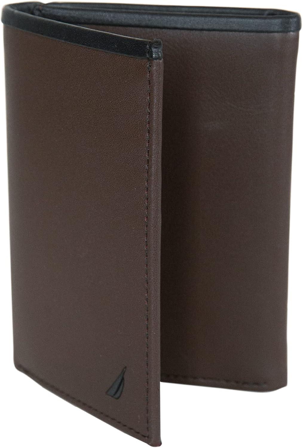 imageNautica Mens Trifold Wallet RFID Blocking Protection ID Window Card Slots Genuine Leather DurablePop Color BlackBrown
