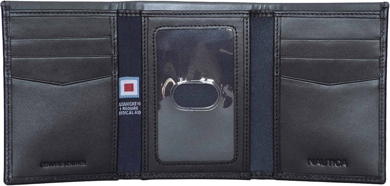 imageNautica Mens Trifold Wallet RFID Blocking Protection ID Window Card Slots Genuine Leather DurablePop Color BlackGrey