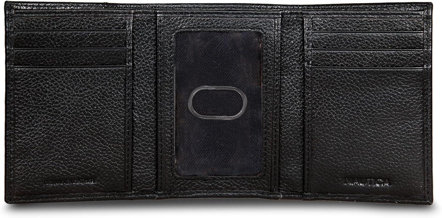 imageNautica Mens Trifold Wallet RFID Blocking Protection ID Window Card Slots Genuine Leather DurablePop Color Tab Black