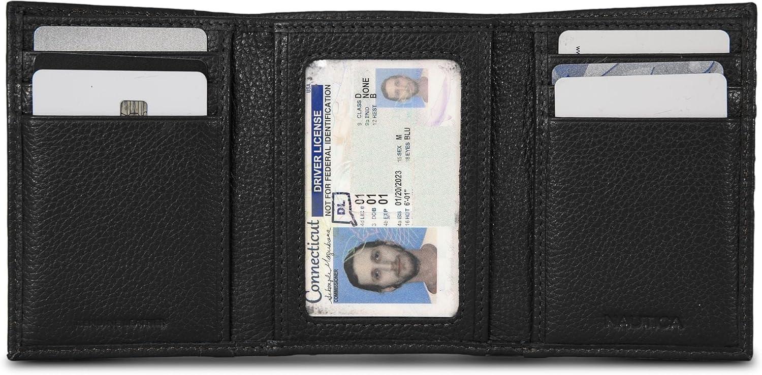 imageNautica Mens Trifold Wallet RFID Blocking Protection ID Window Card Slots Genuine Leather DurablePop Color Tab Black