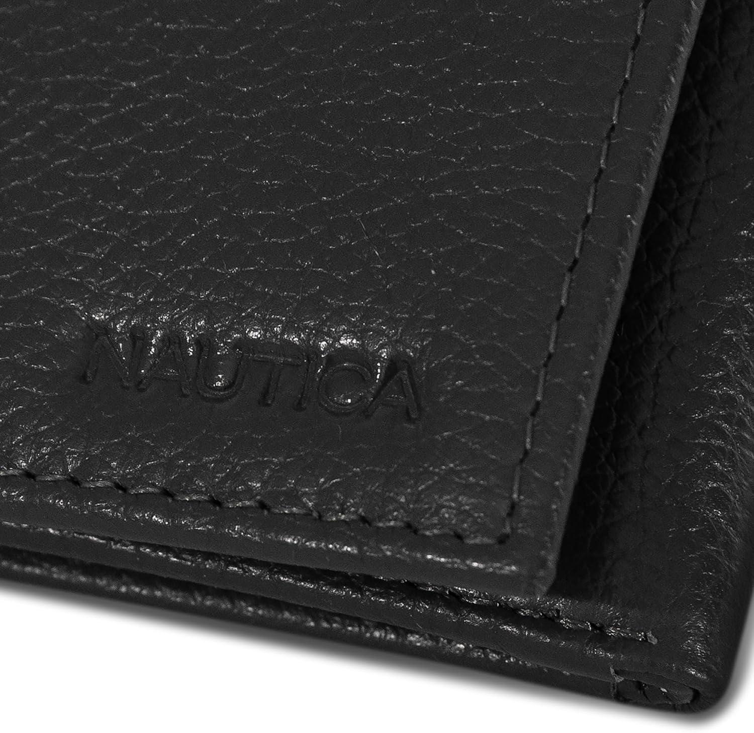 imageNautica Mens Trifold Wallet RFID Blocking Protection ID Window Card Slots Genuine Leather DurablePop Color Tab Black