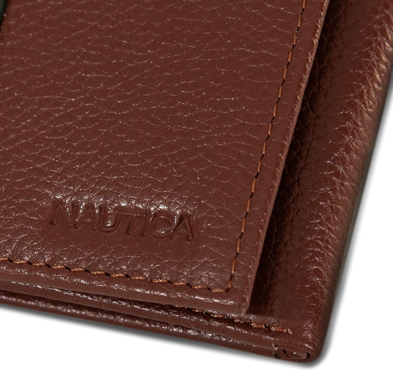imageNautica Mens Trifold Wallet RFID Blocking Protection ID Window Card Slots Genuine Leather DurablePop Color Tab Tan