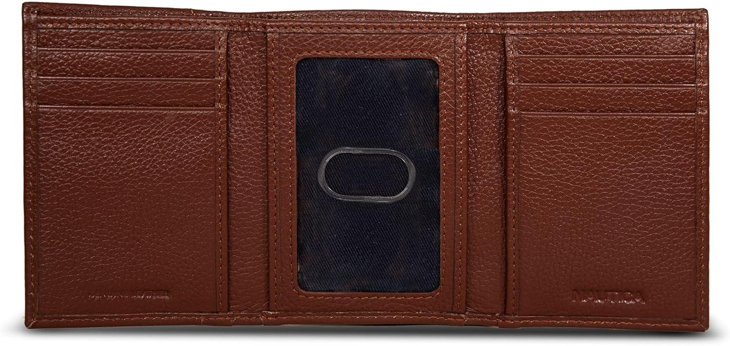 imageNautica Mens Trifold Wallet RFID Blocking Protection ID Window Card Slots Genuine Leather DurablePop Color Tab Tan