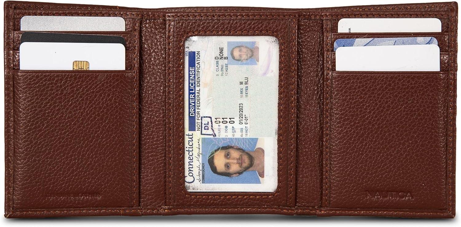 imageNautica Mens Trifold Wallet RFID Blocking Protection ID Window Card Slots Genuine Leather DurablePop Color Tab Tan