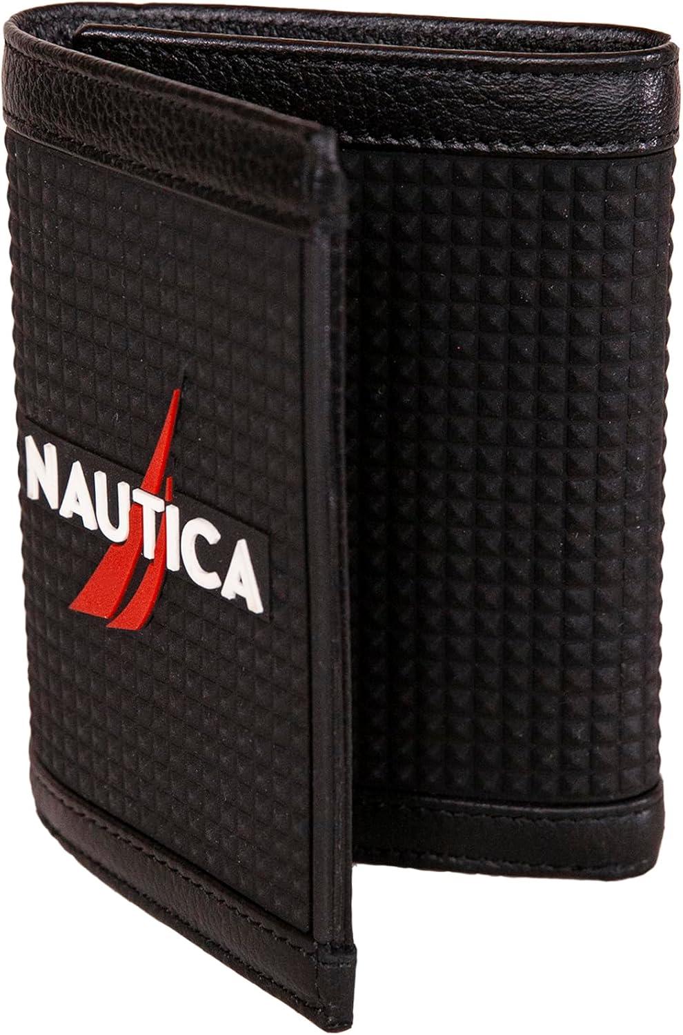 imageNautica Mens Trifold Wallet RFID Blocking Protection ID Window Card Slots Genuine Leather DurableRubberLeather Black