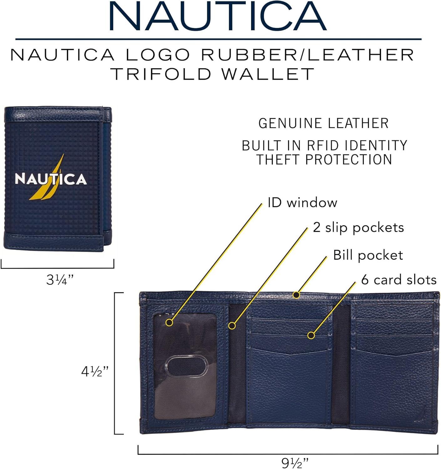 imageNautica Mens Trifold Wallet RFID Blocking Protection ID Window Card Slots Genuine Leather DurableRubberLeather Navy