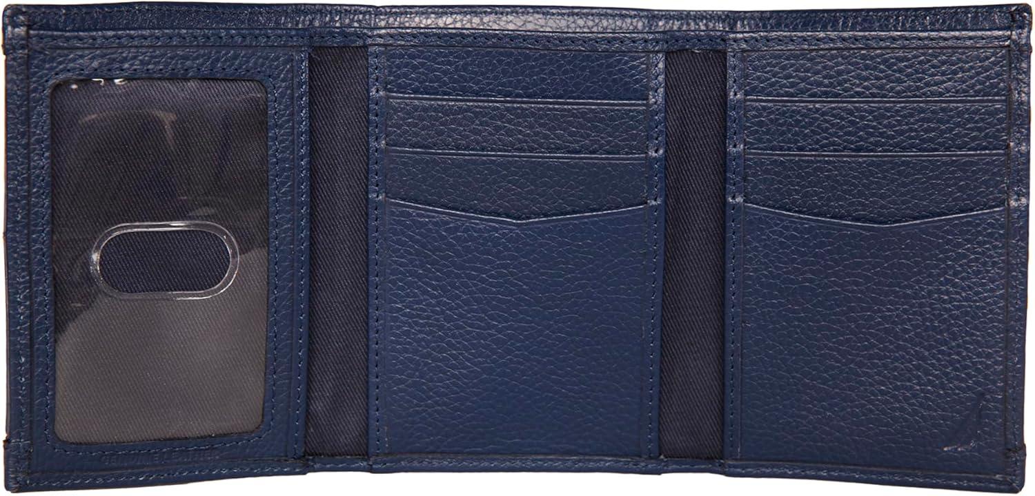 imageNautica Mens Trifold Wallet RFID Blocking Protection ID Window Card Slots Genuine Leather DurableRubberLeather Navy