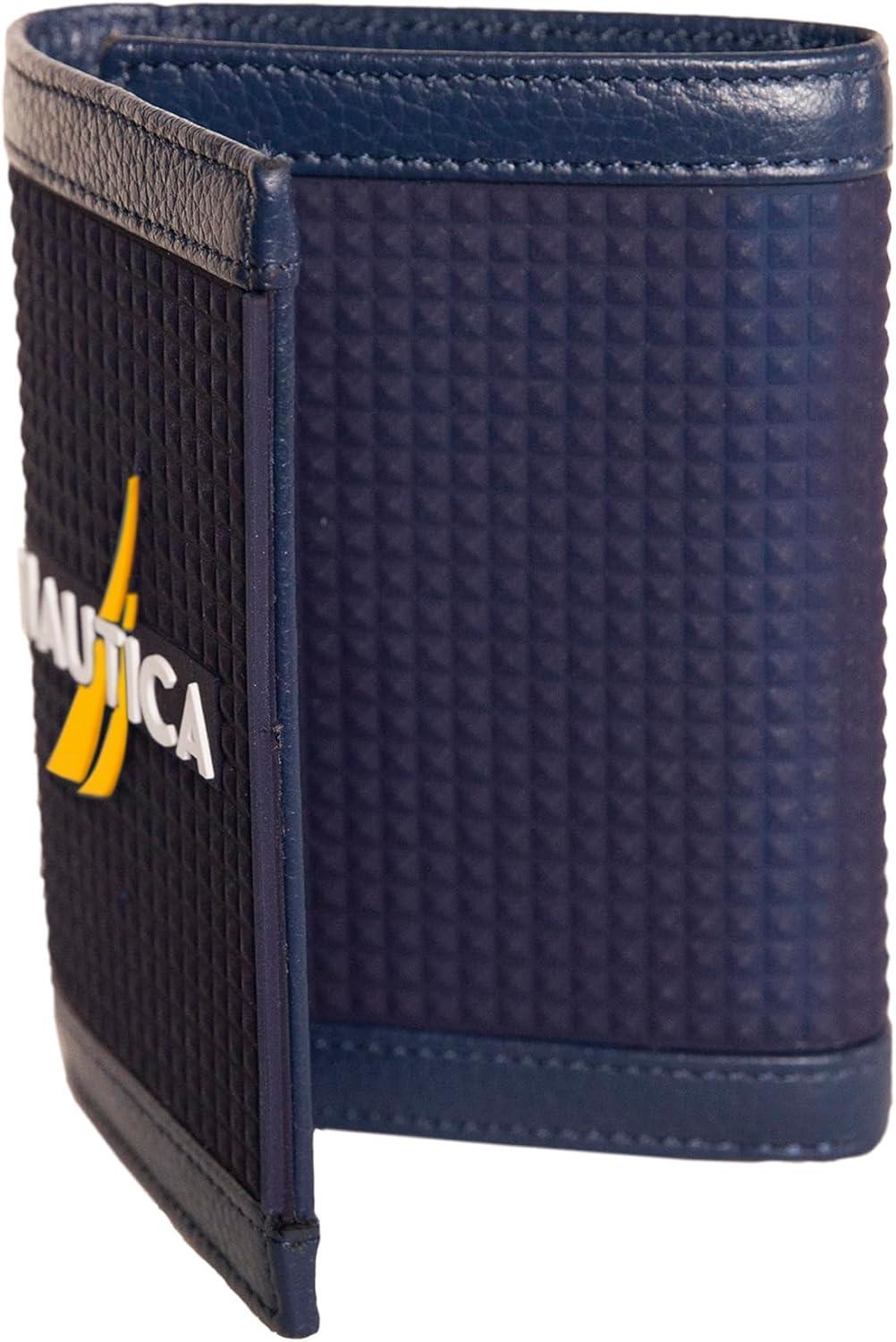imageNautica Mens Trifold Wallet RFID Blocking Protection ID Window Card Slots Genuine Leather DurableRubberLeather Navy