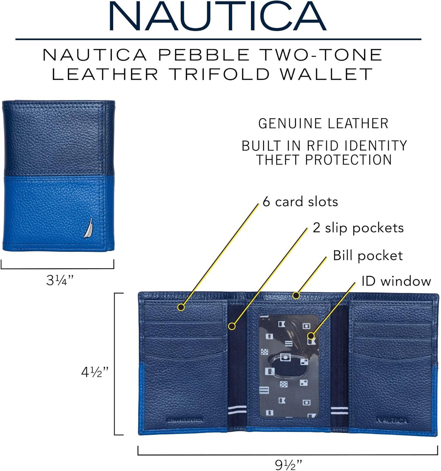 imageNautica Mens Trifold Wallet RFID Blocking Protection ID Window Card Slots Genuine Leather DurableTwo Tone BlackCognac