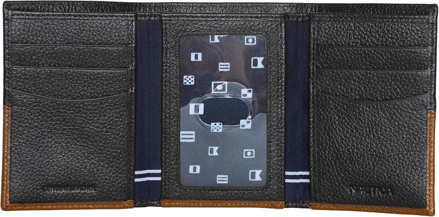 imageNautica Mens Trifold Wallet RFID Blocking Protection ID Window Card Slots Genuine Leather DurableTwo Tone BlackCognac
