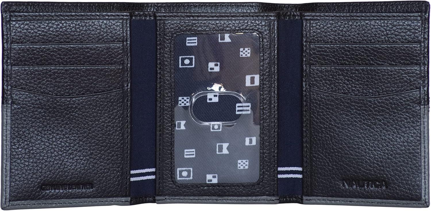 imageNautica Mens Trifold Wallet RFID Blocking Protection ID Window Card Slots Genuine Leather DurableTwo Tone BlackGrey