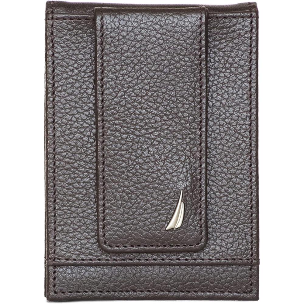imageNautica Mens Slim Wallet Card Case RFID Blocking ID Window Minimalist Lightweight Genuine LeatherJClass Brown
