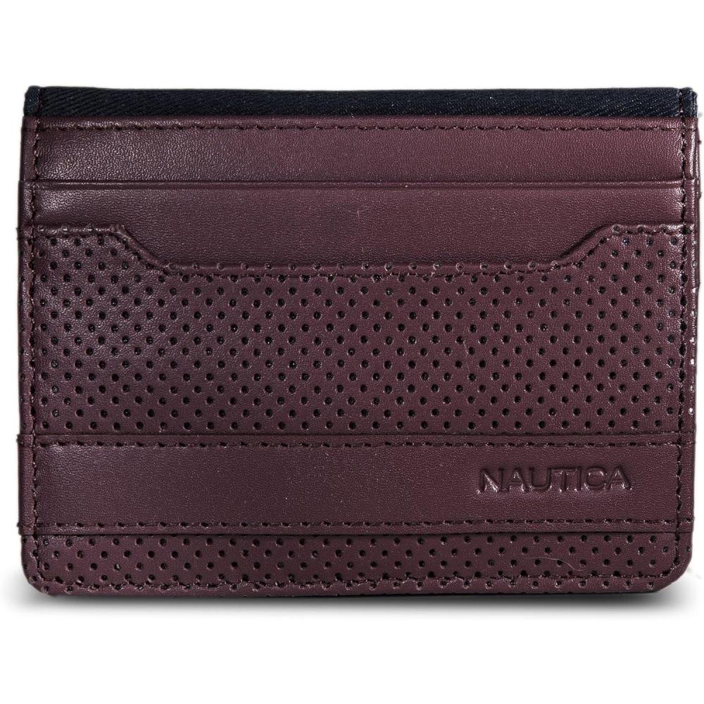 imageNautica Mens Slim Wallet Card Case RFID Blocking ID Window Minimalist Lightweight Genuine LeatherPerforated Zinfandel