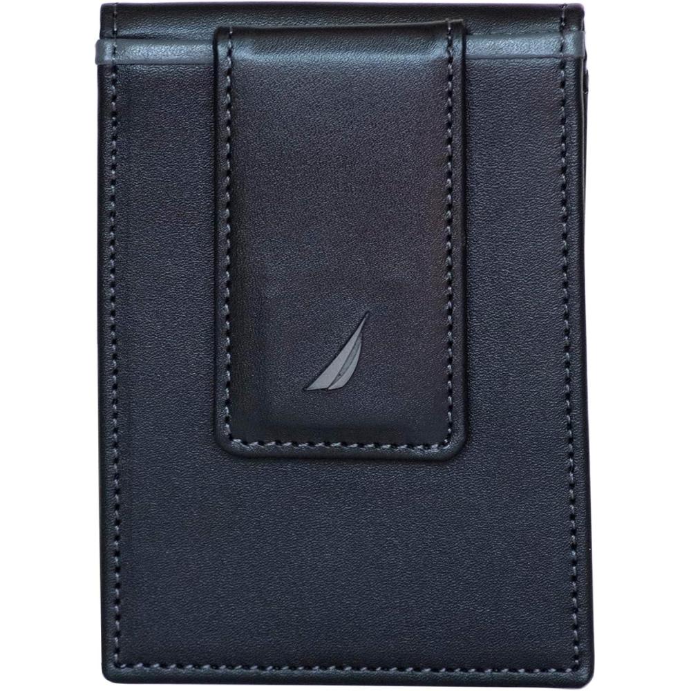 imageNautica Mens Slim Wallet Card Case RFID Blocking ID Window Minimalist Lightweight Genuine LeatherPop Color BlackGrey