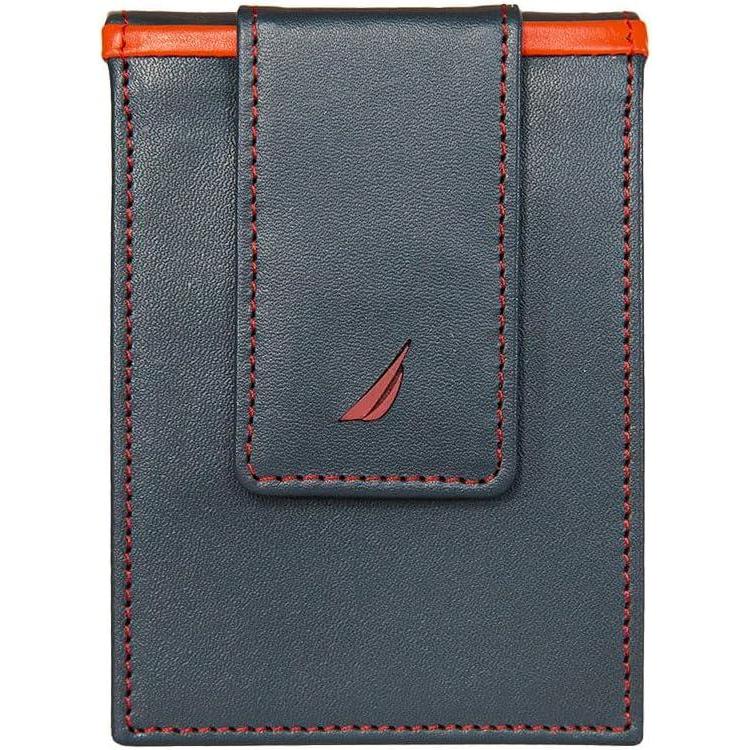 imageNautica Mens Slim Wallet Card Case RFID Blocking ID Window Minimalist Lightweight Genuine LeatherPop Color NavyRed