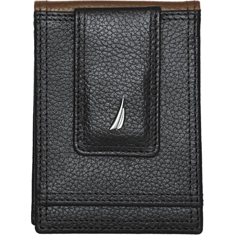 imageNautica Mens Slim Wallet Card Case RFID Blocking ID Window Minimalist Lightweight Genuine LeatherTwo Tone BlackCognac