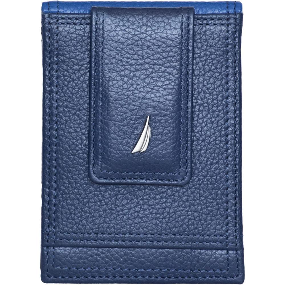 imageNautica Mens Slim Wallet Card Case RFID Blocking ID Window Minimalist Lightweight Genuine LeatherTwo Tone Cobalt Blue