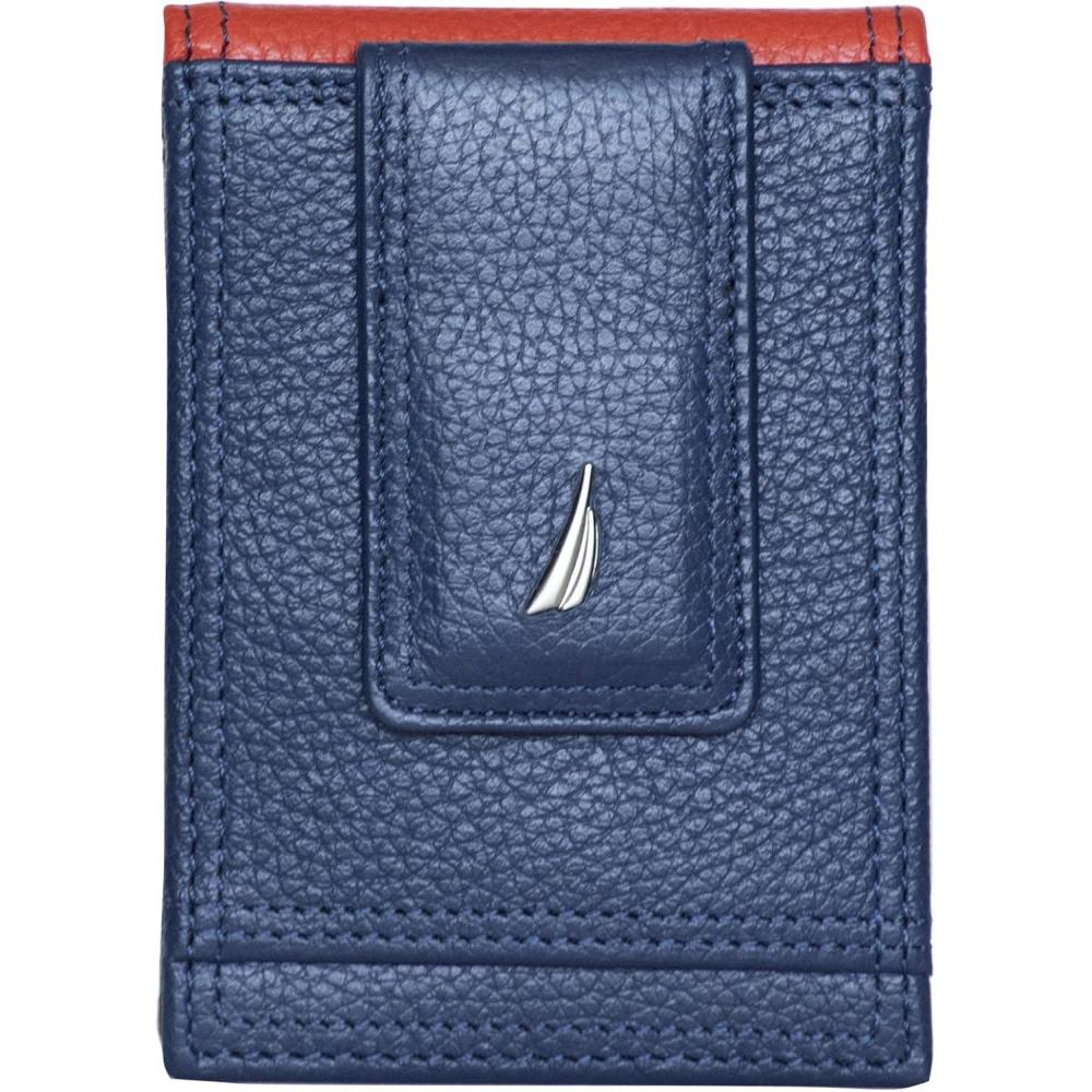 imageNautica Mens Slim Wallet Card Case RFID Blocking ID Window Minimalist Lightweight Genuine LeatherTwo Tone NavyRed