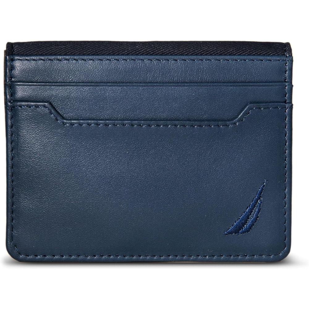 imageNautica Mens Slim Wallet  Card Case  RFID Blocking  ID Window  Minimalist  Lightweight  Genuine Leathermbroidered Sail  Navy