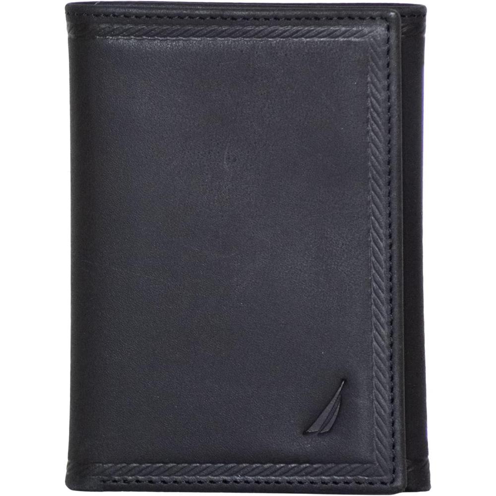 imageNautica Mens Trifold Wallet RFID Blocking Protection ID Window Card Slots Genuine Leather DurableEmbossed Leather Black