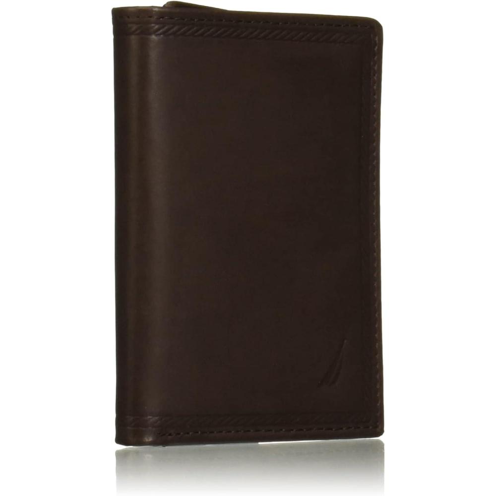 imageNautica Mens Trifold Wallet RFID Blocking Protection ID Window Card Slots Genuine Leather DurableEmbossed Leather Brown
