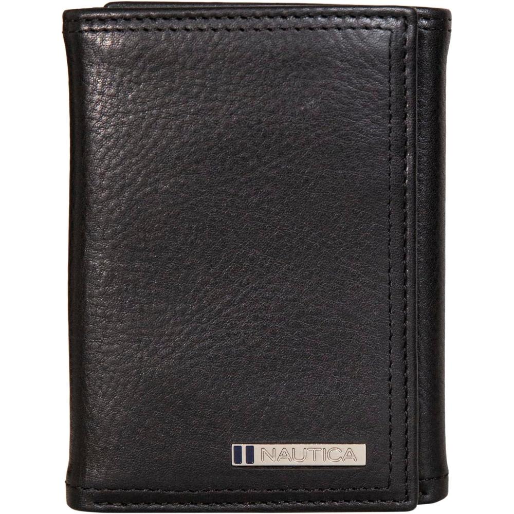 imageNautica Mens Trifold Wallet RFID Blocking Protection ID Window Card Slots Genuine Leather DurableEnameled Logo Black