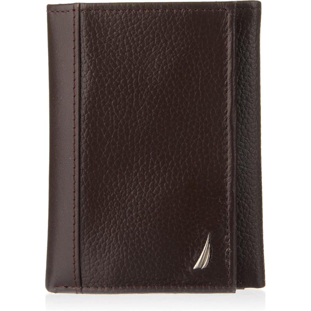 imageNautica Mens Trifold Wallet RFID Blocking Protection ID Window Card Slots Genuine Leather DurableJClass Brown