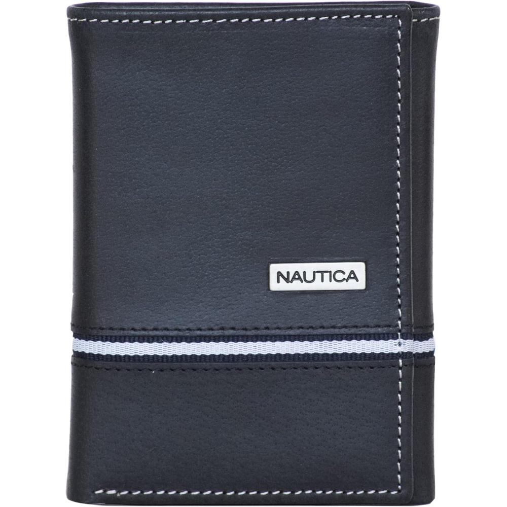 imageNautica Mens Trifold Wallet RFID Blocking Protection ID Window Card Slots Genuine Leather DurableLogo Ribbon Black