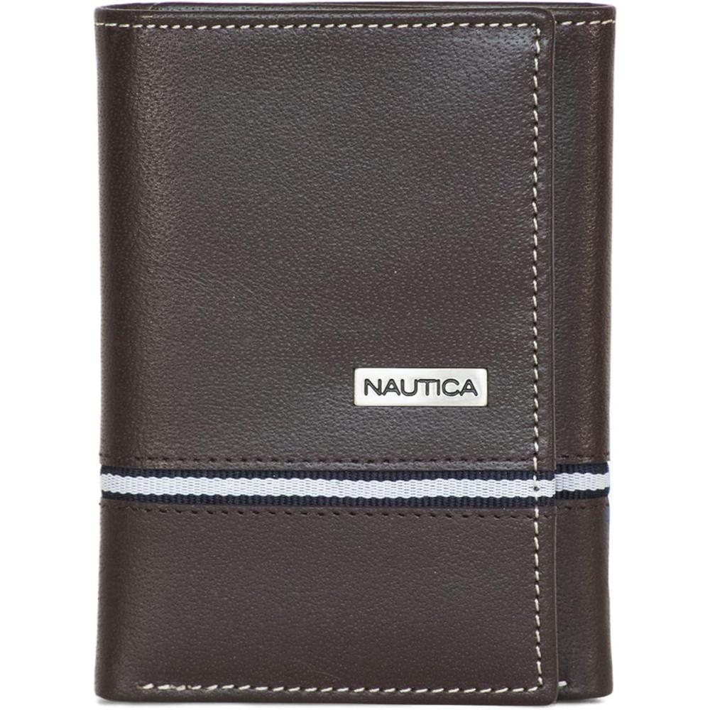 imageNautica Mens Trifold Wallet RFID Blocking Protection ID Window Card Slots Genuine Leather DurableLogo Ribbon Brown