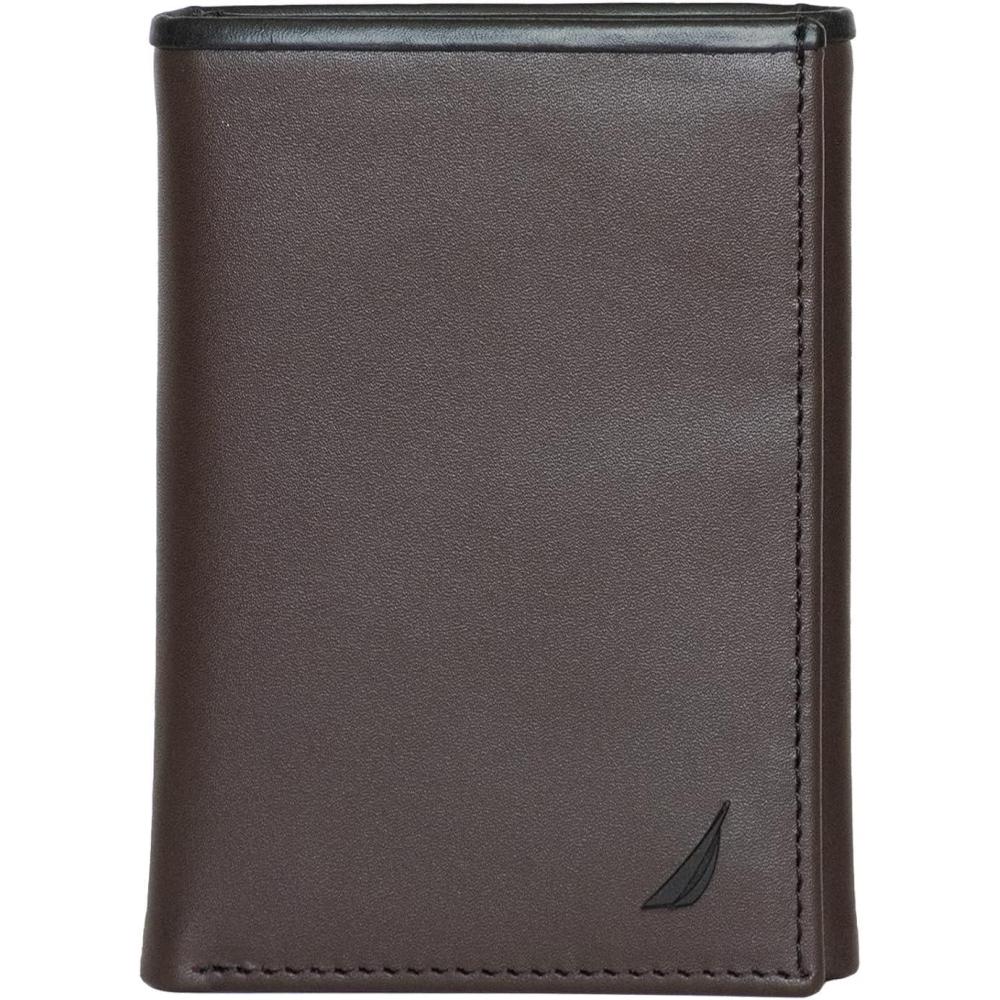 imageNautica Mens Trifold Wallet RFID Blocking Protection ID Window Card Slots Genuine Leather DurablePop Color BlackBrown