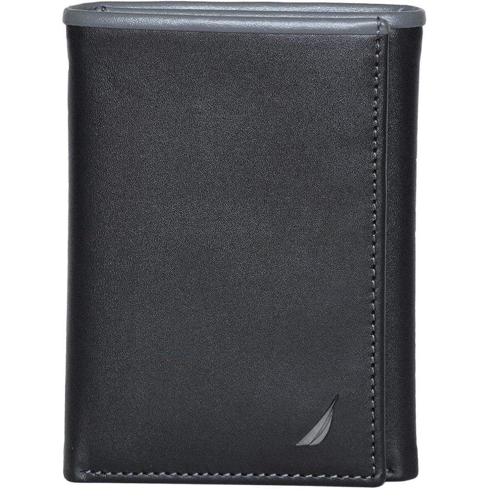 imageNautica Mens Trifold Wallet  RFID Blocking Protection  ID Window  Card Slots  Genuine Leather  DurablePop Color  BlackGrey