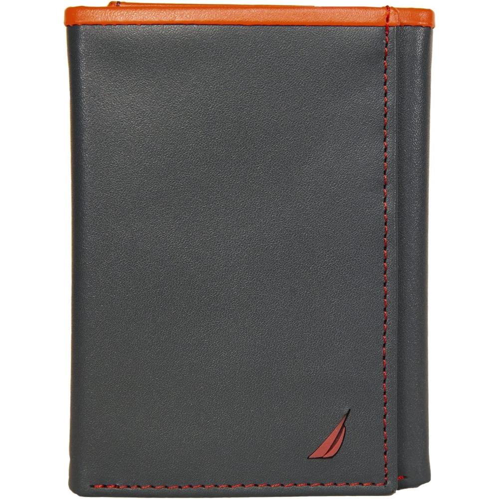 imageNautica Mens Trifold Wallet RFID Blocking Protection ID Window Card Slots Genuine Leather DurablePop Color NavyRed