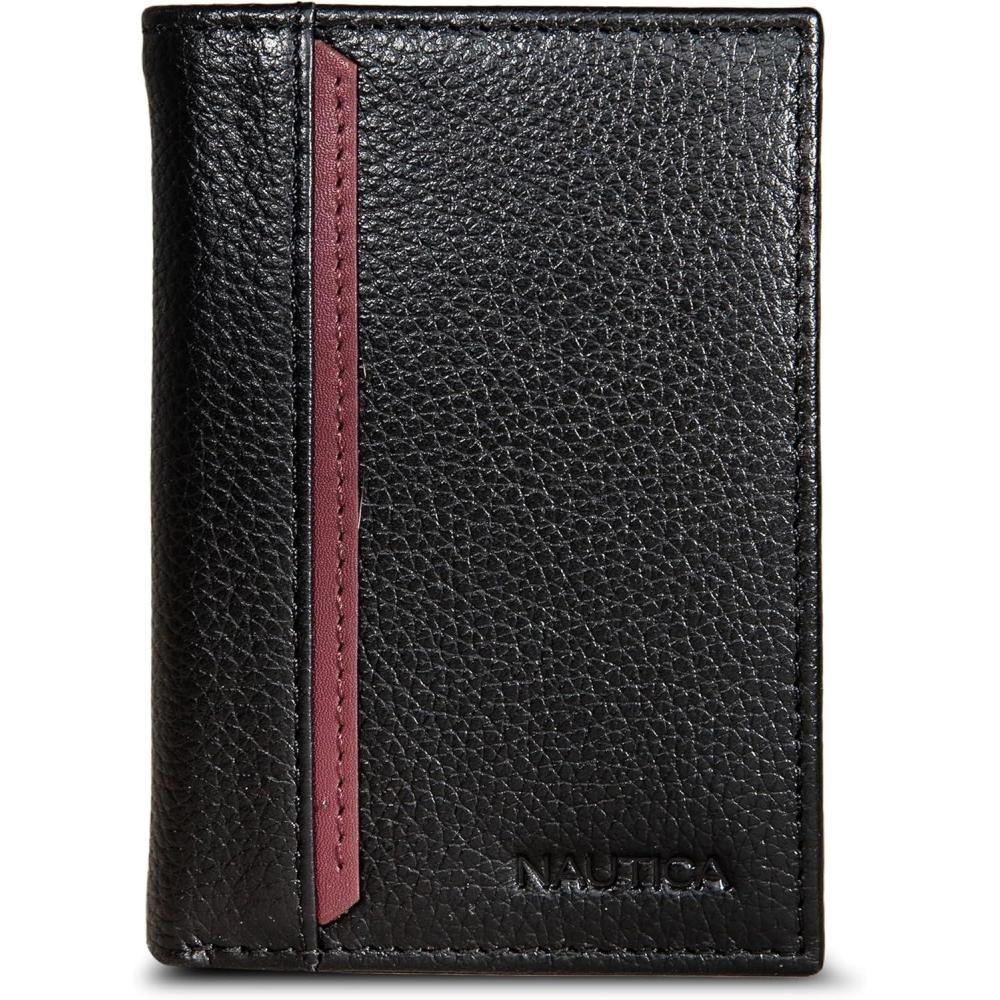 imageNautica Mens Trifold Wallet RFID Blocking Protection ID Window Card Slots Genuine Leather DurablePop Color Tab Black