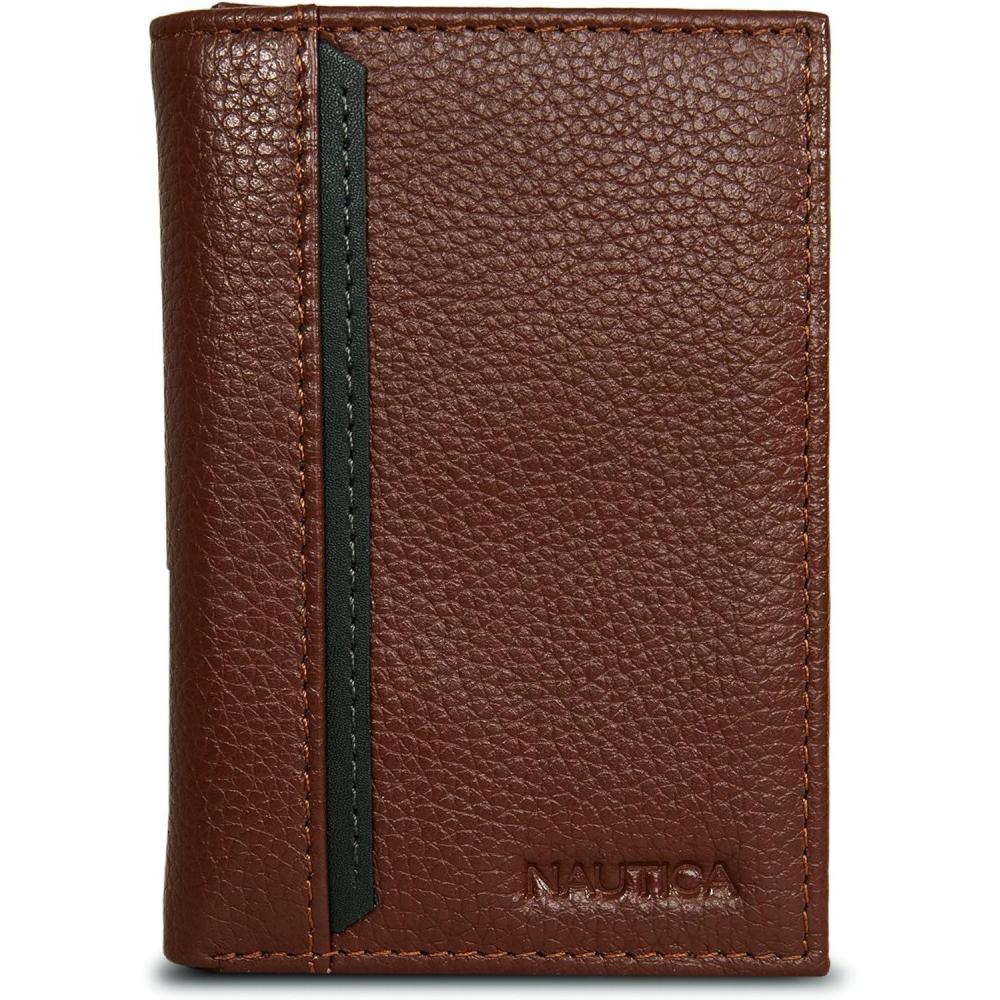 imageNautica Mens Trifold Wallet RFID Blocking Protection ID Window Card Slots Genuine Leather DurablePop Color Tab Tan