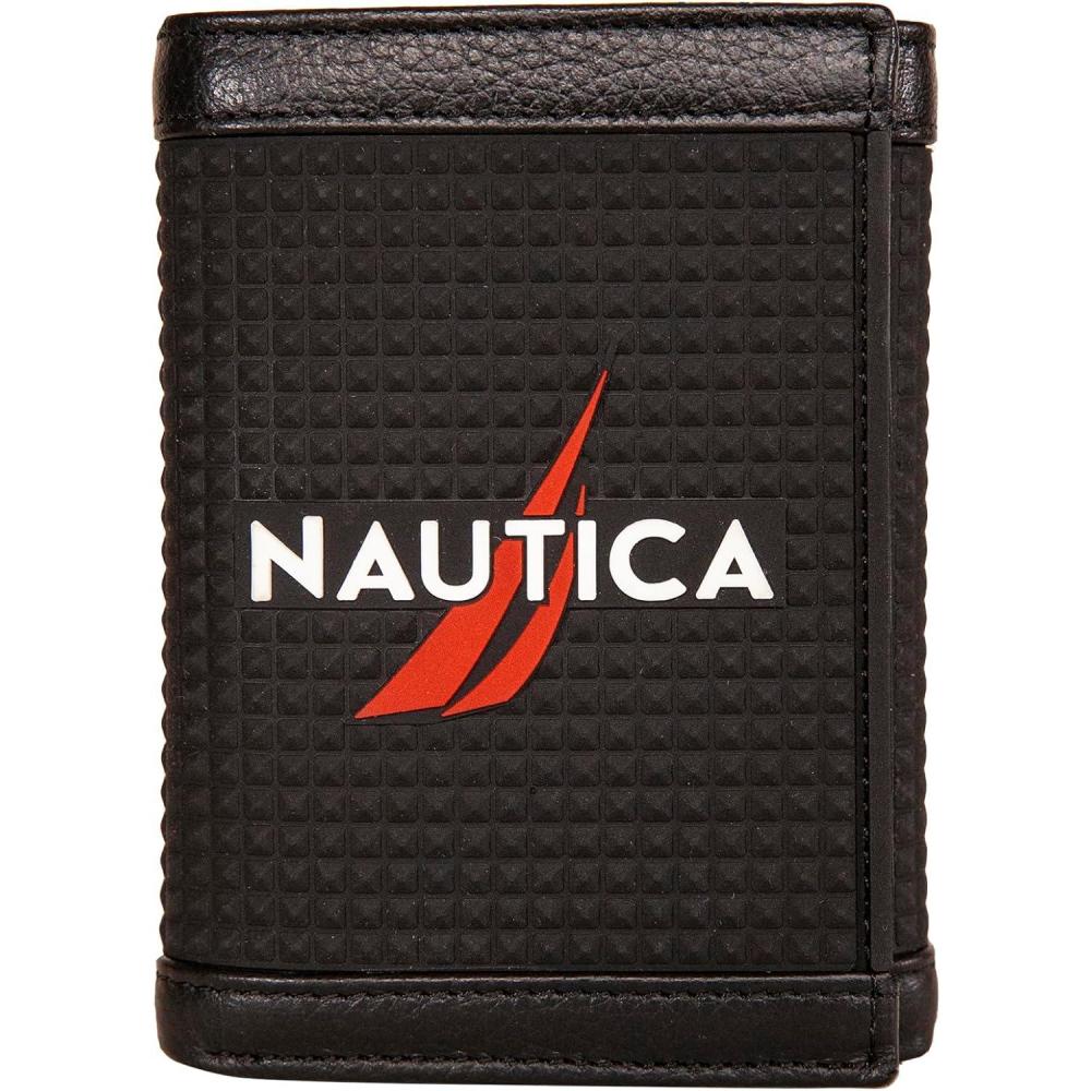 imageNautica Mens Trifold Wallet RFID Blocking Protection ID Window Card Slots Genuine Leather DurableRubberLeather Black