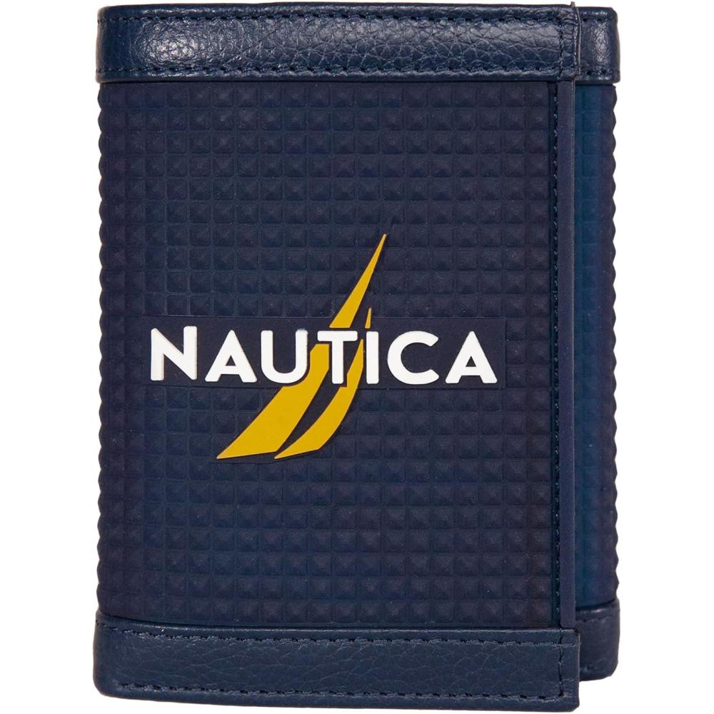 imageNautica Mens Trifold Wallet RFID Blocking Protection ID Window Card Slots Genuine Leather DurableRubberLeather Navy