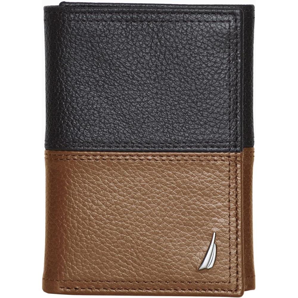 imageNautica Mens Trifold Wallet RFID Blocking Protection ID Window Card Slots Genuine Leather DurableTwo Tone BlackCognac