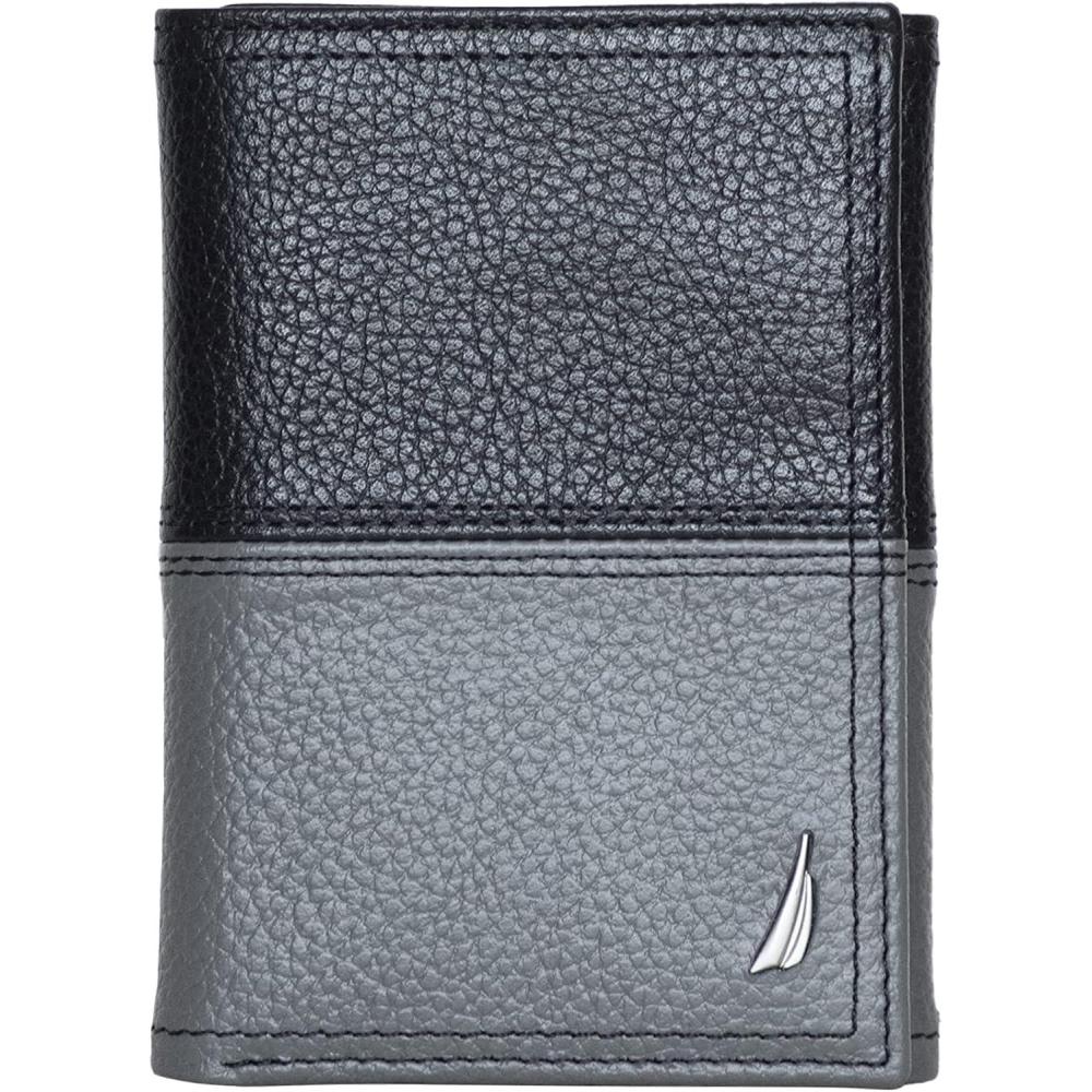 imageNautica Mens Trifold Wallet RFID Blocking Protection ID Window Card Slots Genuine Leather DurableTwo Tone BlackGrey