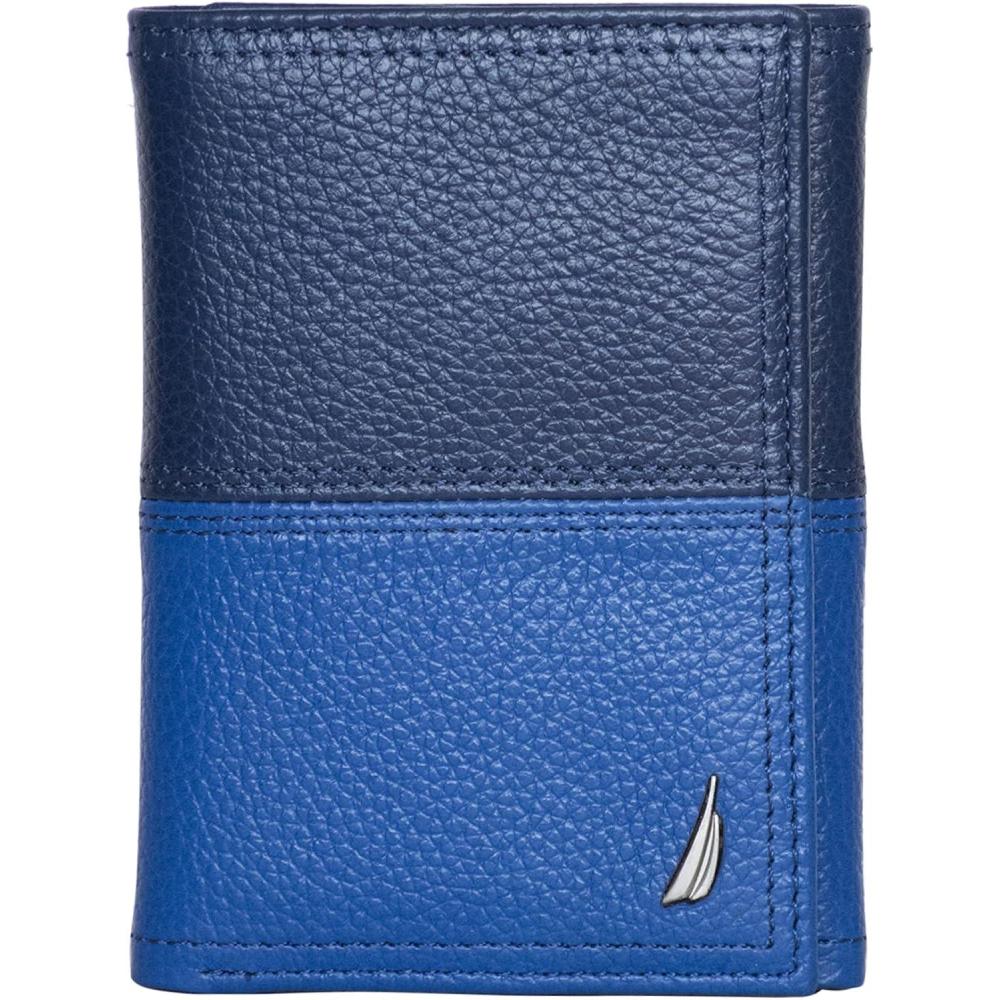 imageNautica Mens Trifold Wallet RFID Blocking Protection ID Window Card Slots Genuine Leather DurableTwo Tone Cobalt Blue