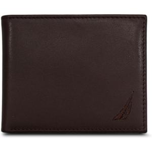 Nautica Men’s Bifold Leather Wallet | RFID Blocking | ID Window | Card Slots | Organization | Durable | Stylish(Émbroidered Sail – Brown)