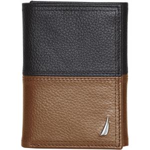 Nautica Men’s Trifold Wallet | RFID Blocking Protection | ID Window | Card Slots | Genuine Leather | Durable(Two Tone – Black/Cognac)