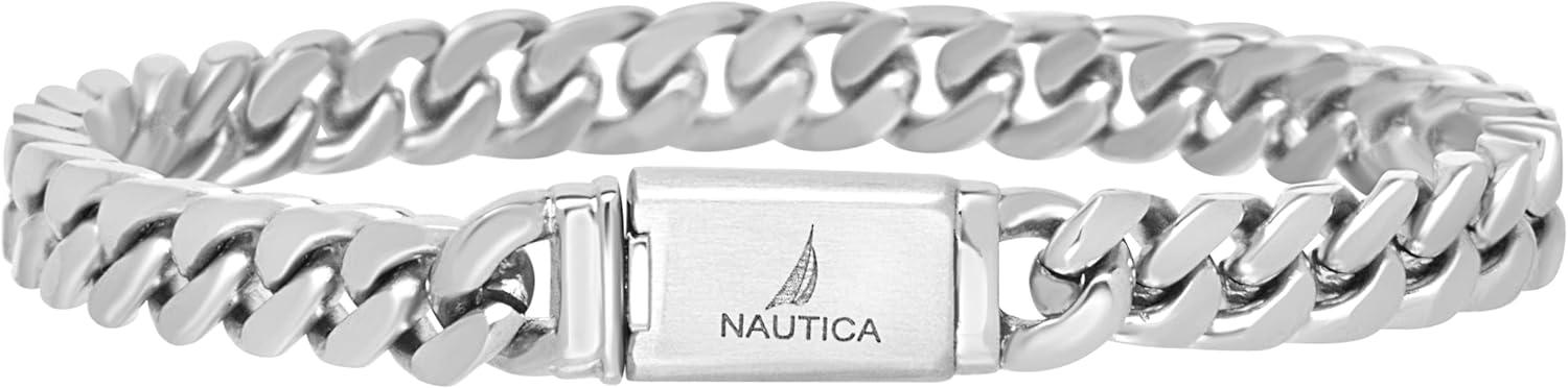 imageNautica Curb Link Chain Stainless Steel Bracelet for Men ID Bar Clasp Sailboat Logo7 MM