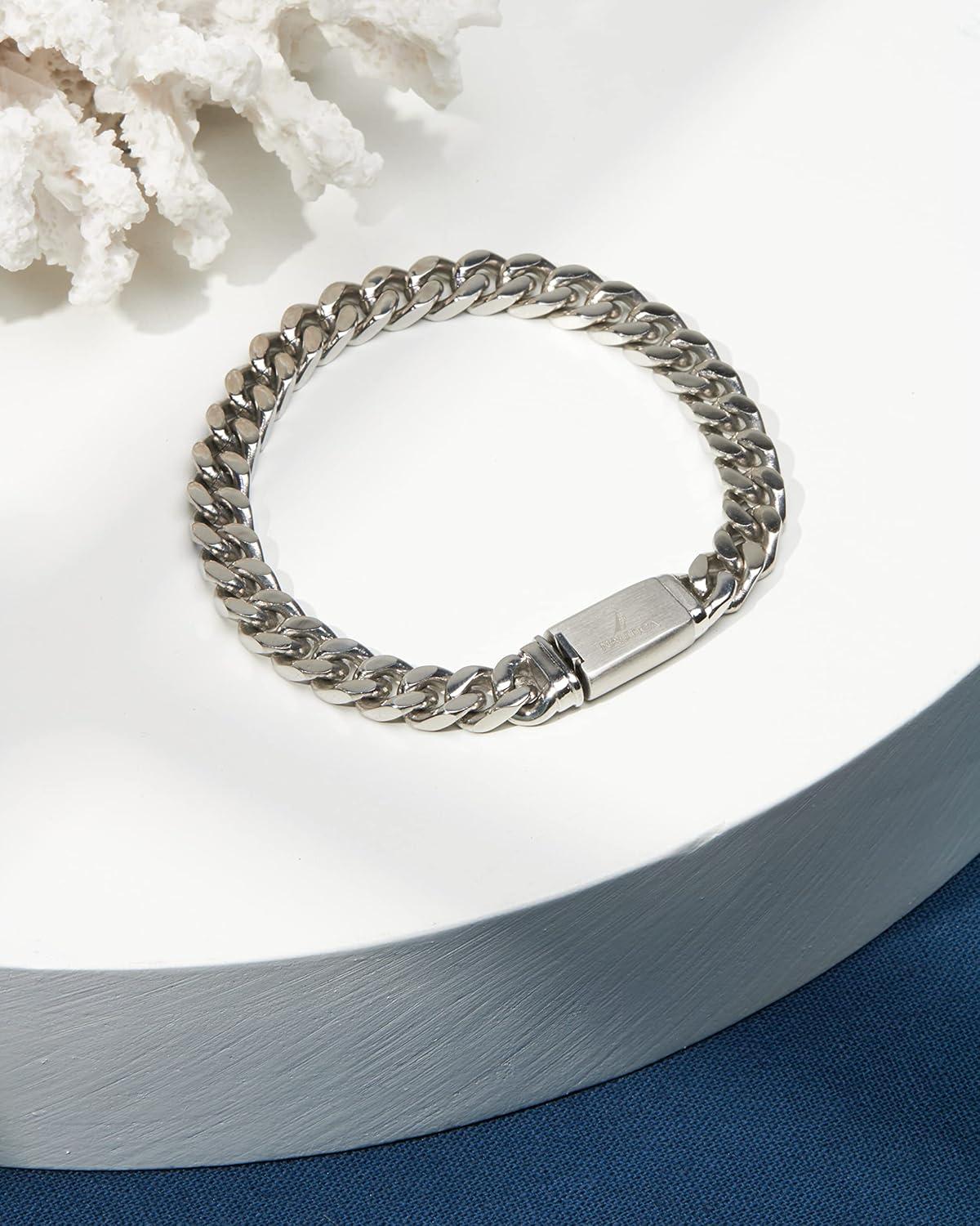 imageNautica Curb Link Chain Stainless Steel Bracelet for Men ID Bar Clasp Sailboat Logo7 MM