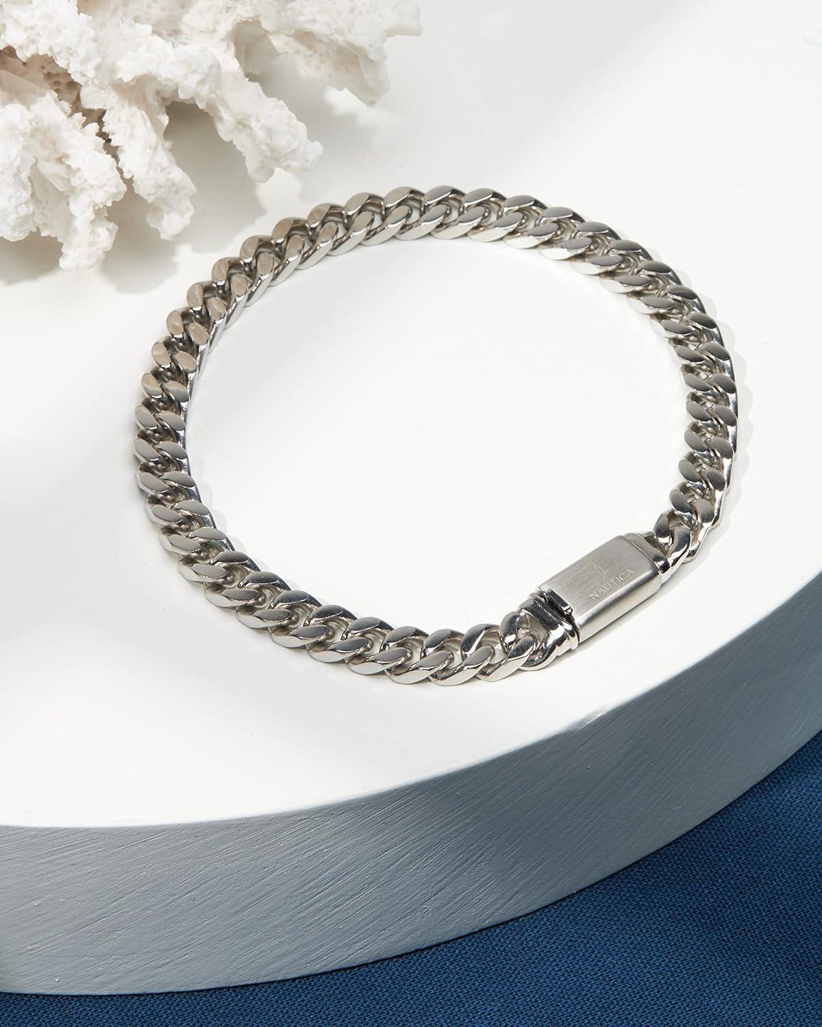 imageNautica Curb Link Chain Stainless Steel Bracelet for Men ID Bar Clasp Sailboat Logo7 MM
