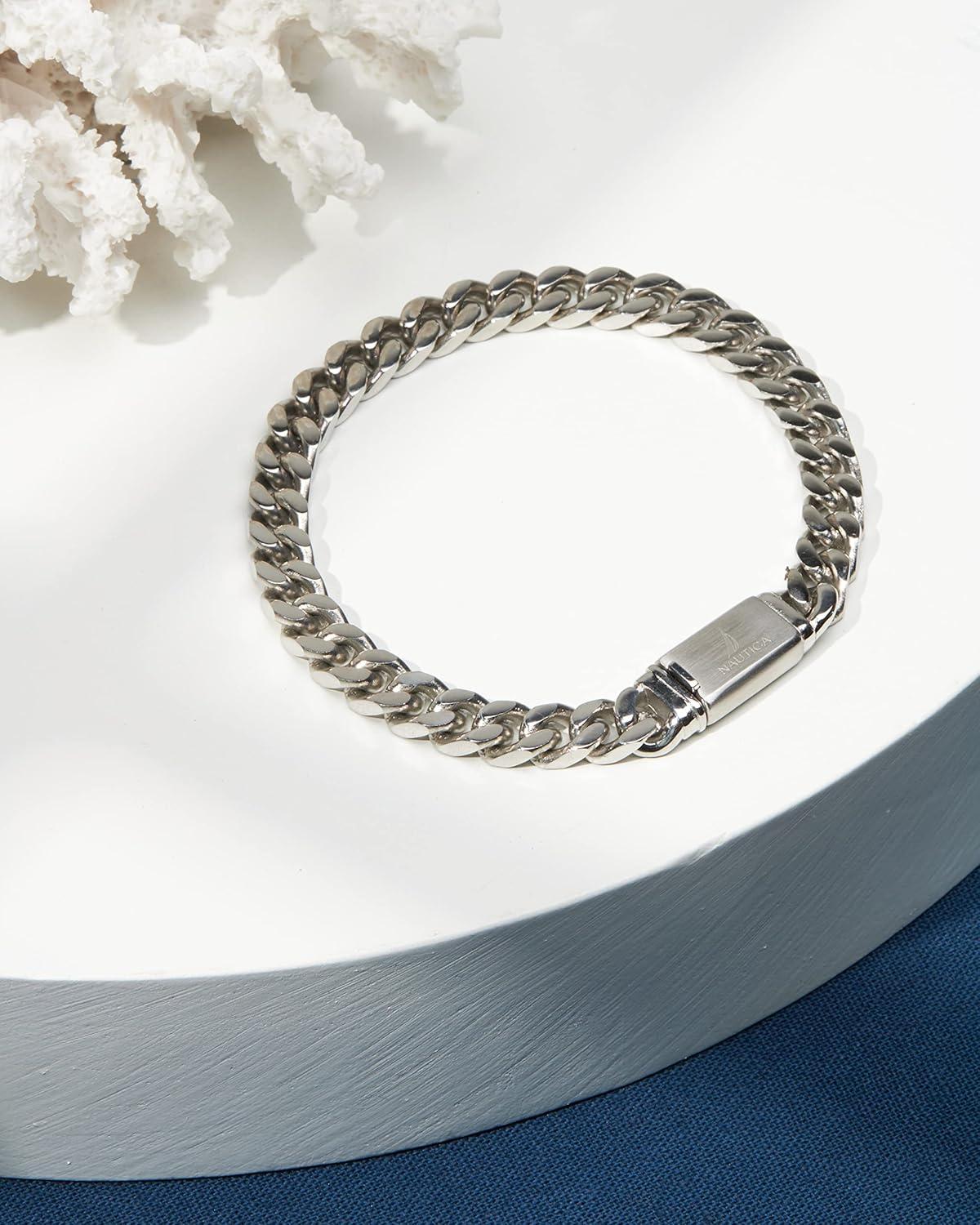imageNautica Curb Link Chain Stainless Steel Bracelet for Men ID Bar Clasp Sailboat Logo7 MM