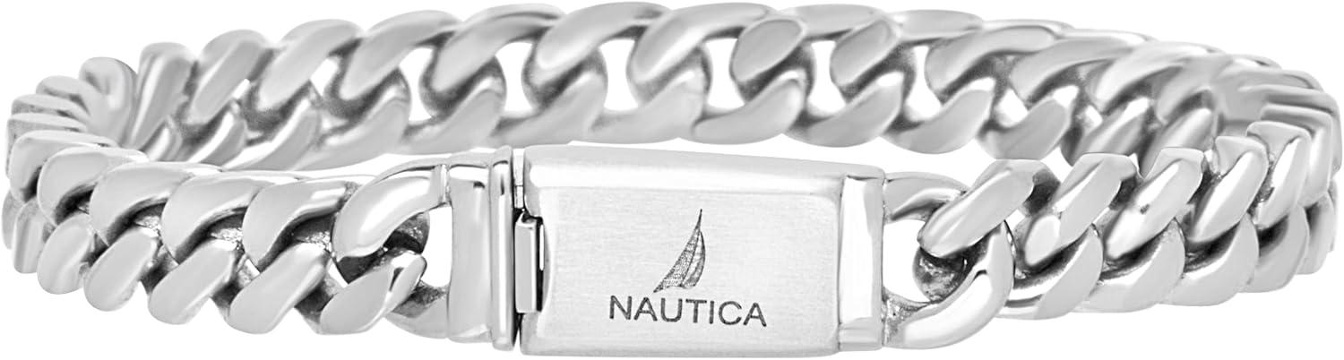imageNautica Curb Link Chain Stainless Steel Bracelet for Men ID Bar Clasp Sailboat Logo7 MM