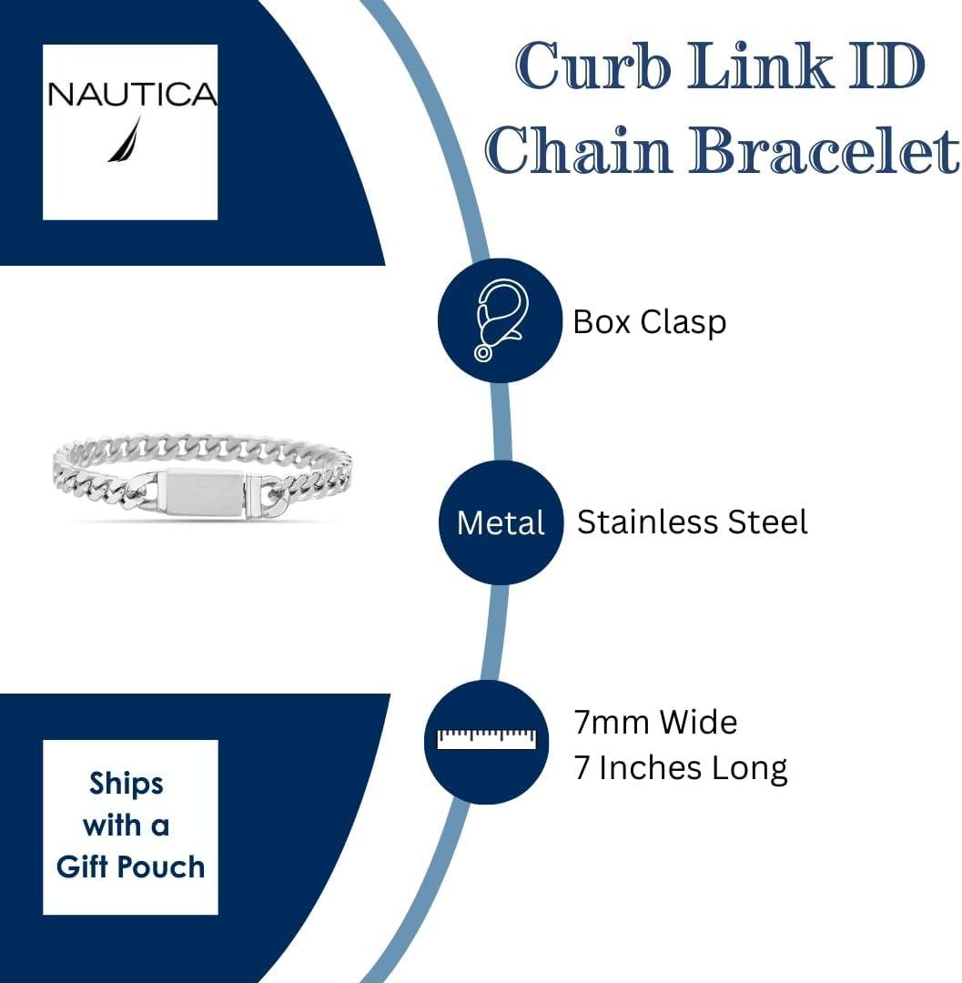 imageNautica Curb Link Chain Stainless Steel Bracelet for Men ID Bar Clasp Sailboat Logo7 MM